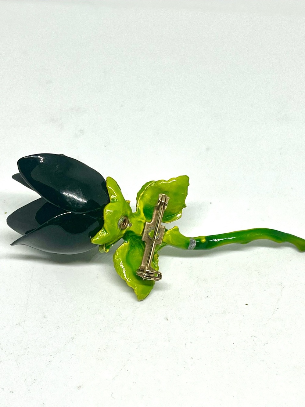 Enamel Black Flower Brooch with Lime Green Stem and Leaves - Picture 3 of 4